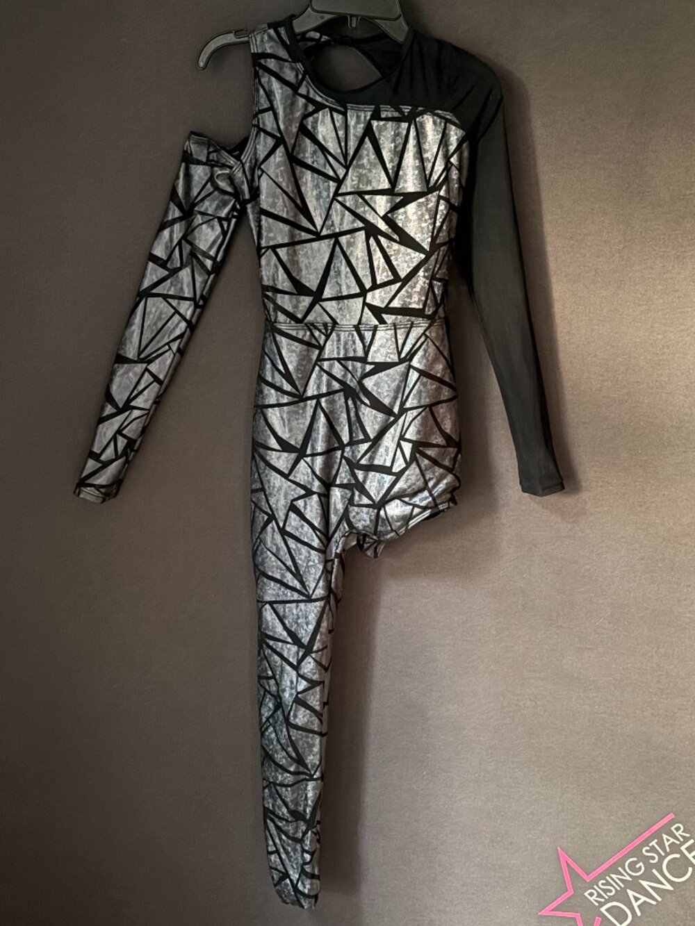 Weissman Silver Black Shattered Glass Mesh Acro Dance Unitard Costume XSA